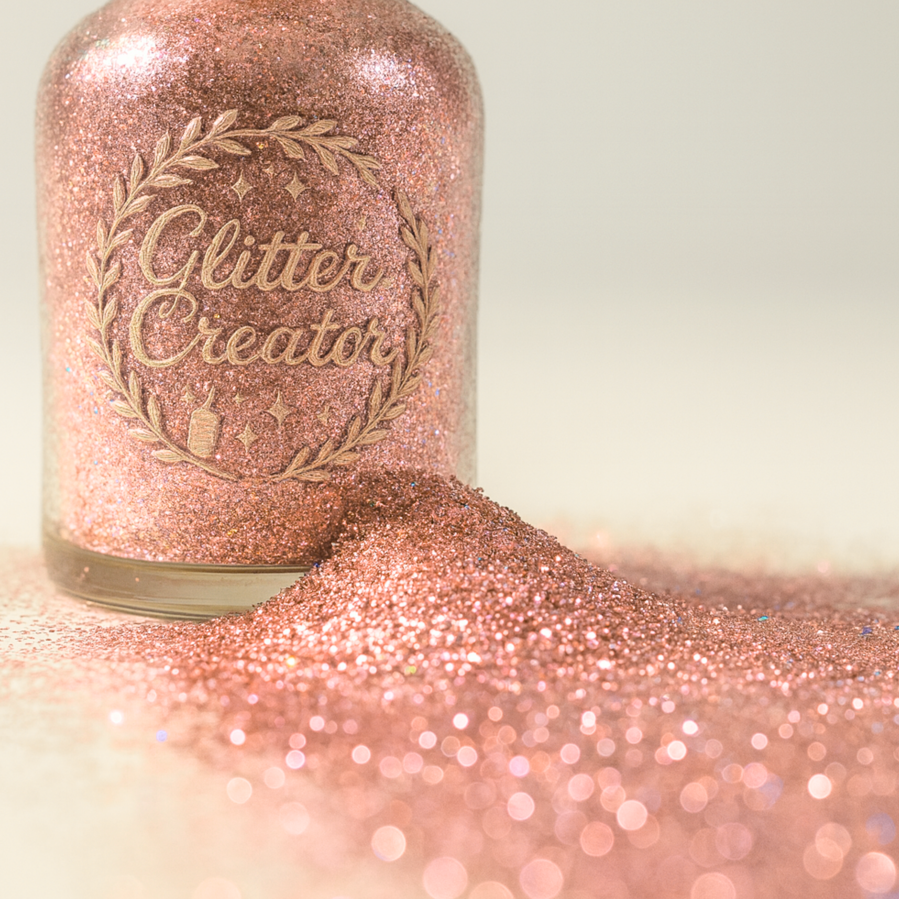 Jar of rose gold glitter flowing out with GlitterCreator label